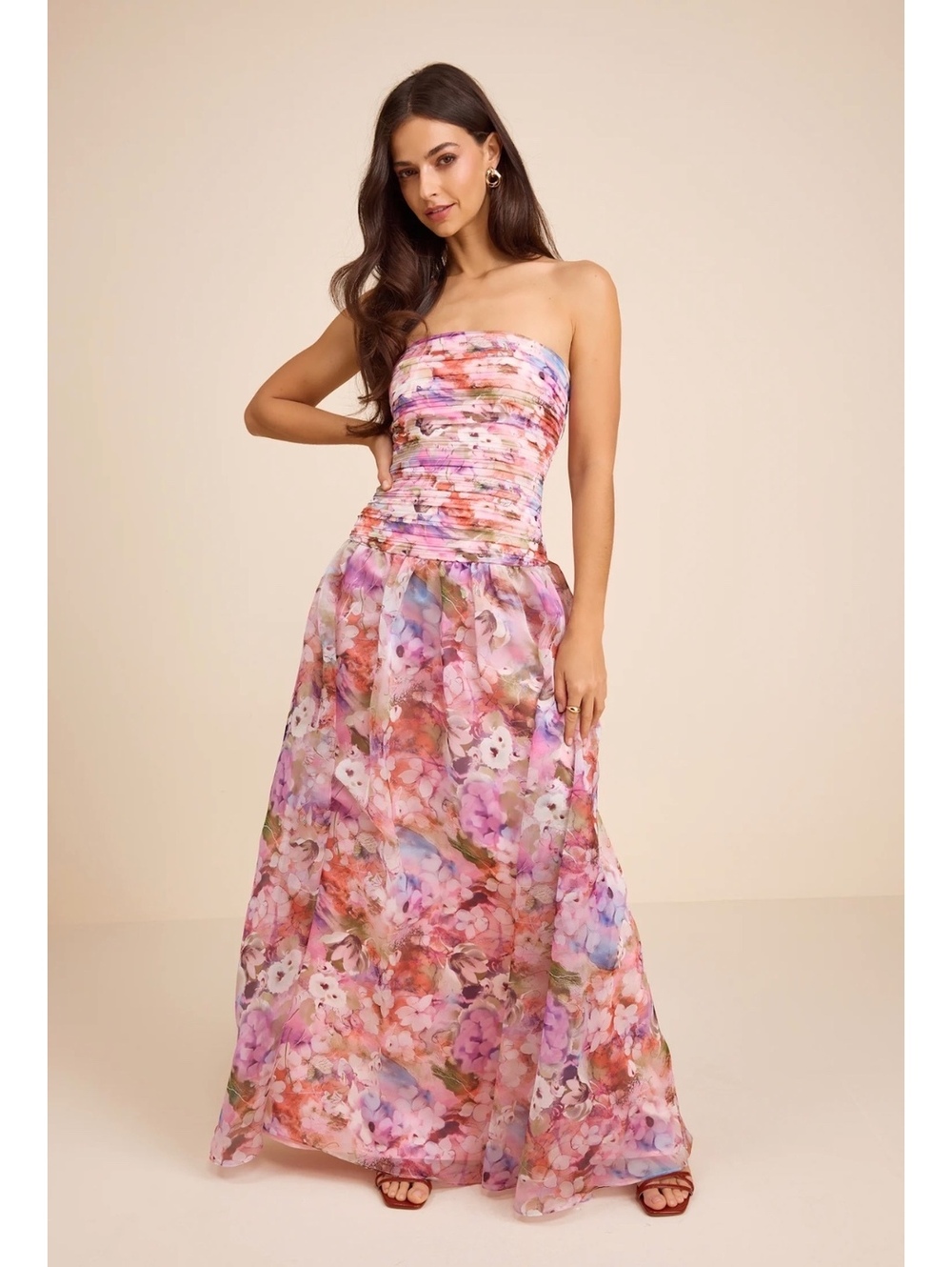 NWT Lulus Kasandra Pink Multi Floral Organza Drop Waist Maxi Dress M